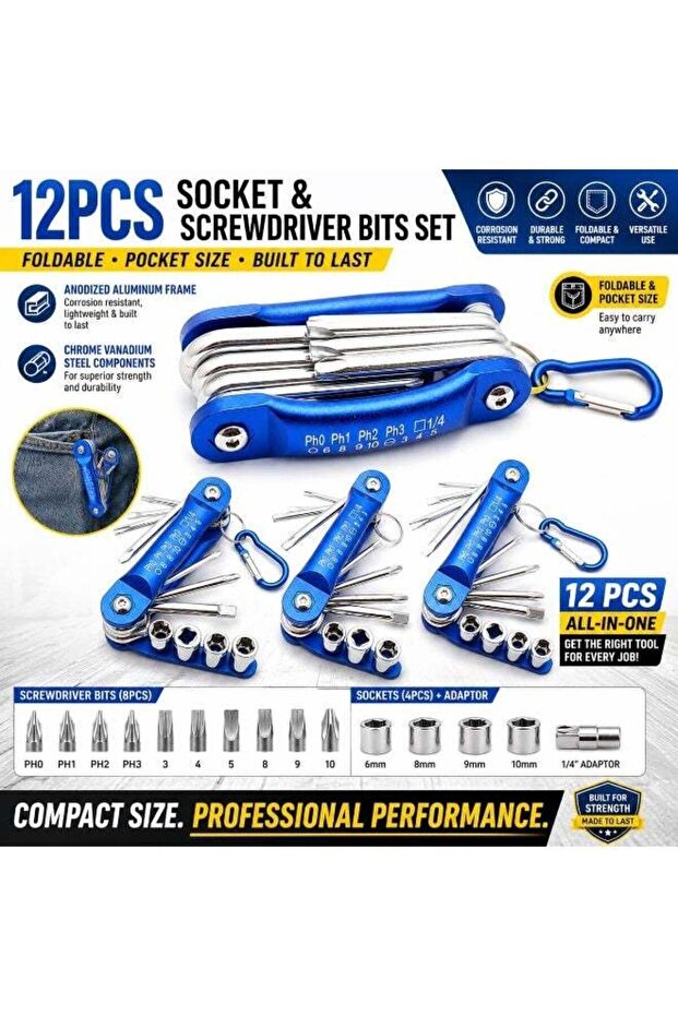 12PCS Pocket Size Folding Socket Wrench & Screwdriver Bit Set – Durable Chrome Vanadium Steel Hand Tool Kit with 8 Precision Bits, 4 Metric Sockets, 1/4-Inch Adaptor, Lightweight Aluminum Frame and Ca