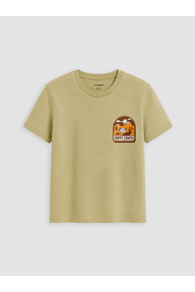Khaki Crew Neck Printed Boy's T-Shirt