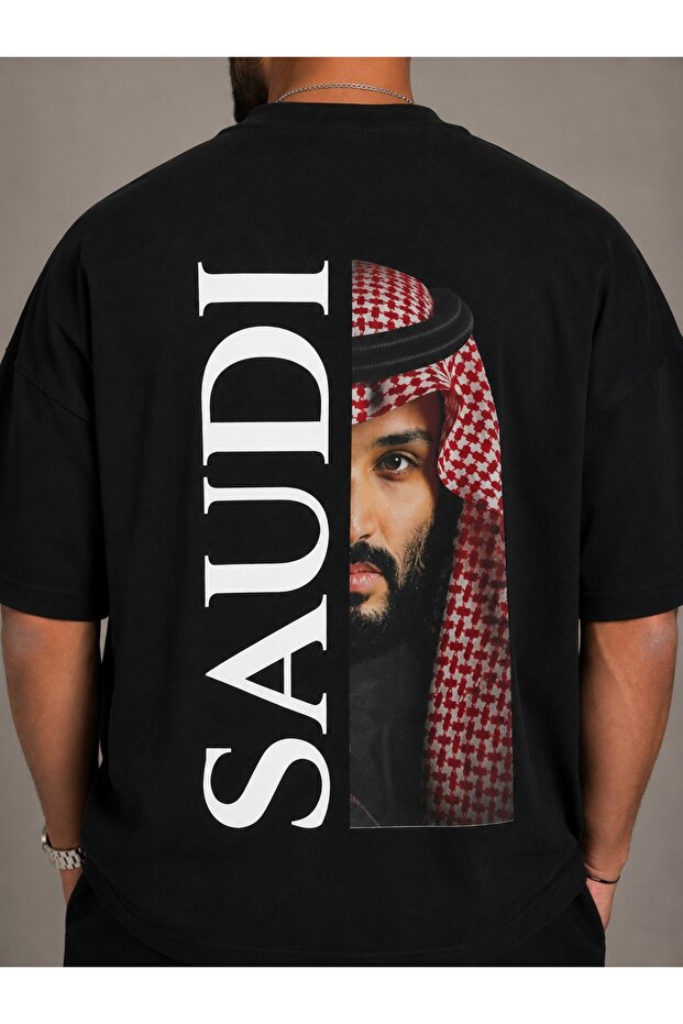 Saudi Arabia Saudi Portrait Back Printed 100% Cotton Black Oversize Crew Neck Men's T-Shirt
