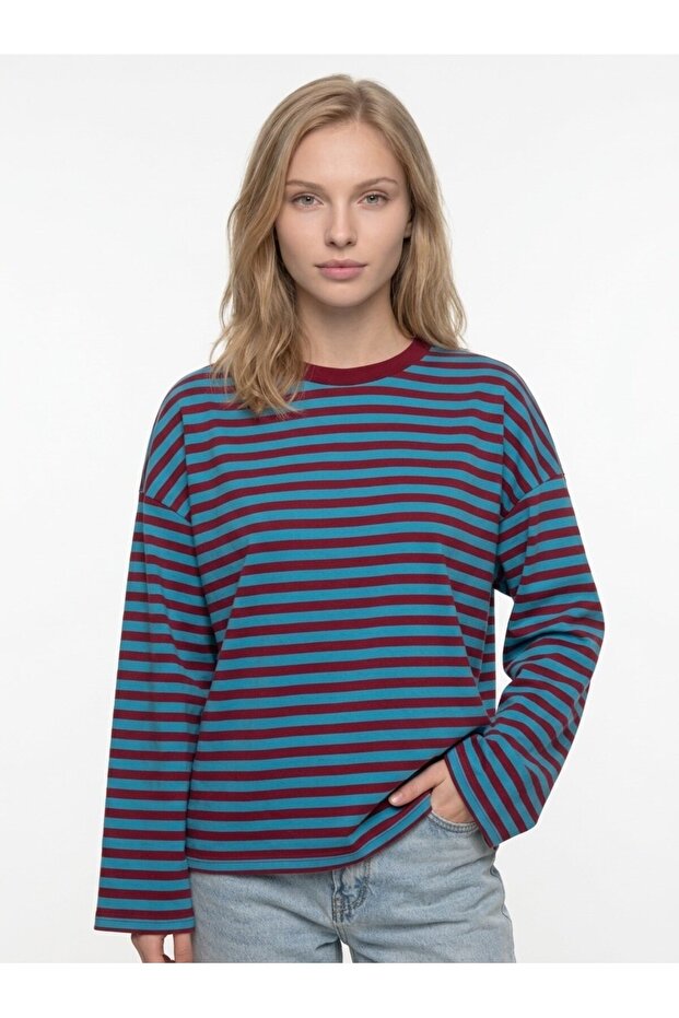 Women's Striped Oversize Long Sleeve T-Shirt Blue Burgundy