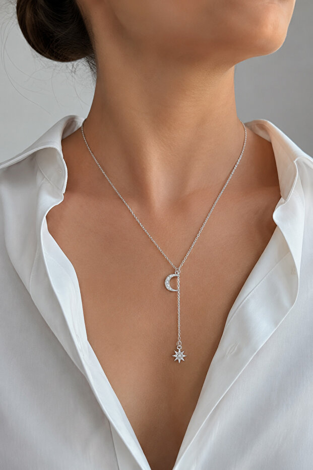 Women's Silver Color Moon and Star Pendant with Stone Dangle Design