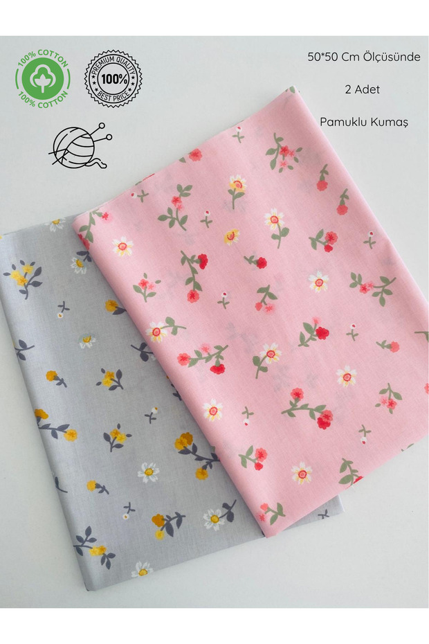 2 Pieces, Width 50 cm Pink and Gray Floral Cotton Fabric for Bags, Wallets, Hobby Projects