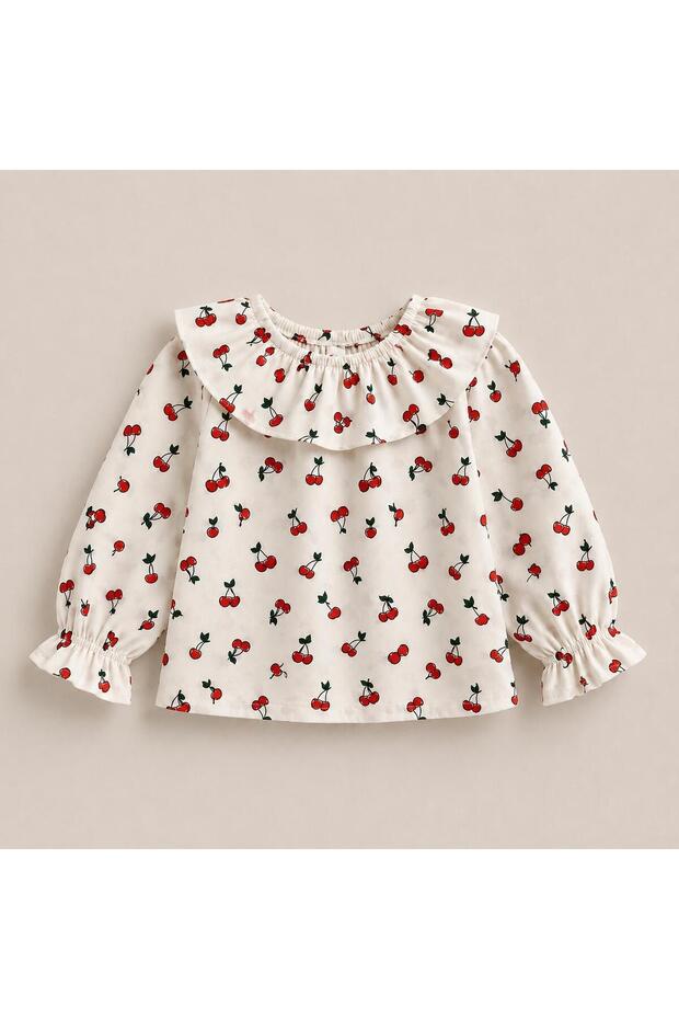 Girl's Cherry Patterned Long Sleeve Madonna Collar Blouse