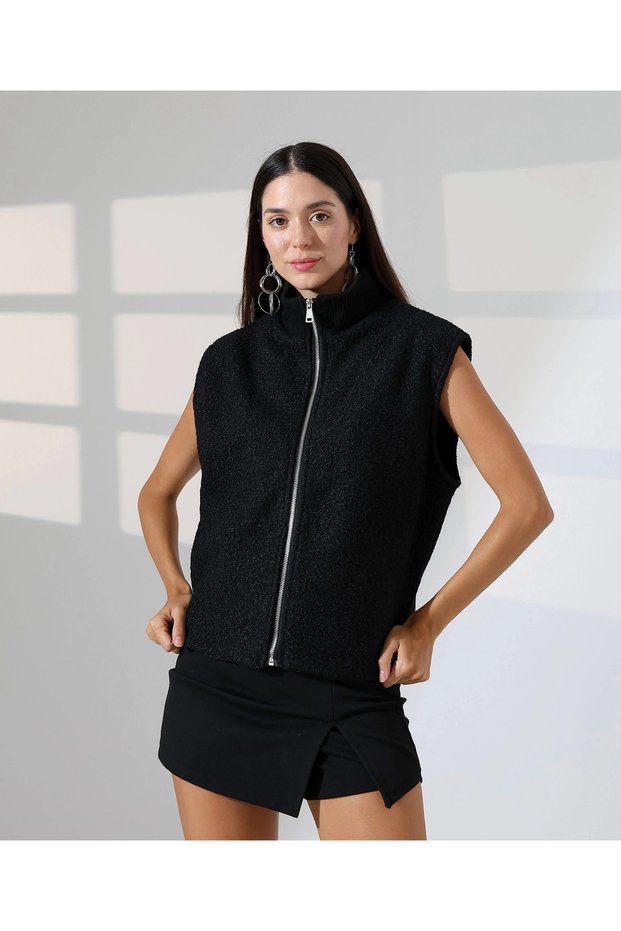 Women's Black Zippered High Collar Knitwear Detailed Lined Boucle Vest