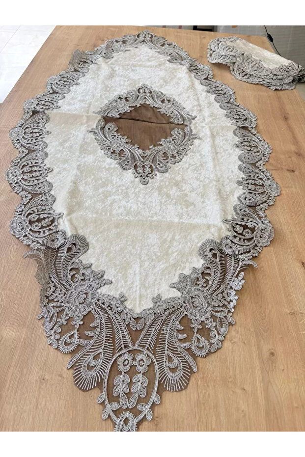 Living Room Set Dowry Set Velvet Cream Gray Runner Set 5 Piece Lace Table Runner Console Coffee Table Cover Z