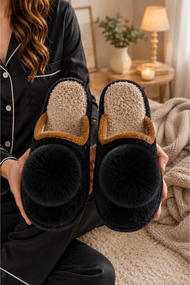 Women's Pompom Detailed Winter, Warm, Plush House Slippers