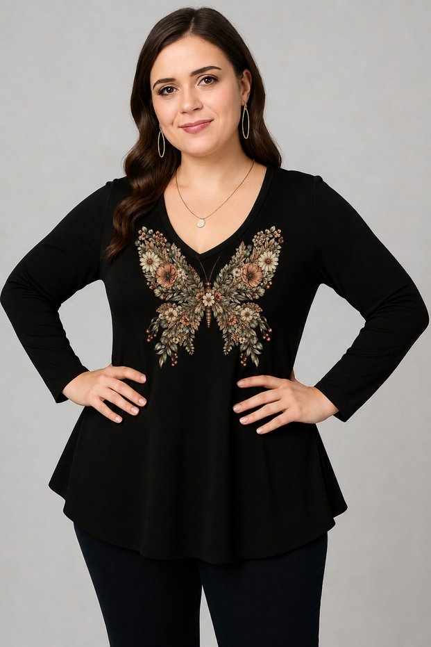 Plus Size Floral Butterfly Printed V-Neck Long Sleeve Wide Hem Blouse Black