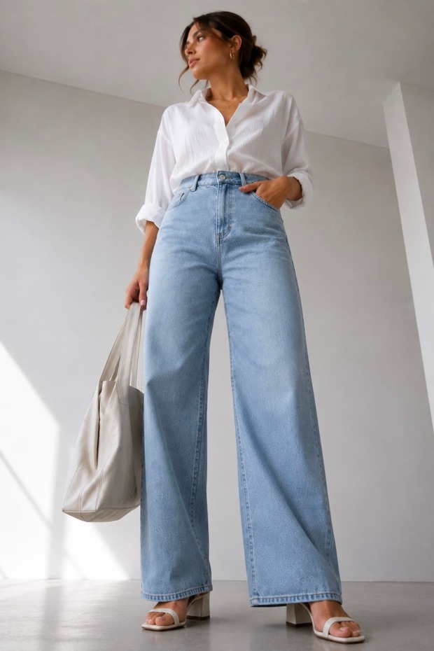 High Waist Wide Leg Lycra-Free Palazzo Jeans Dm3535