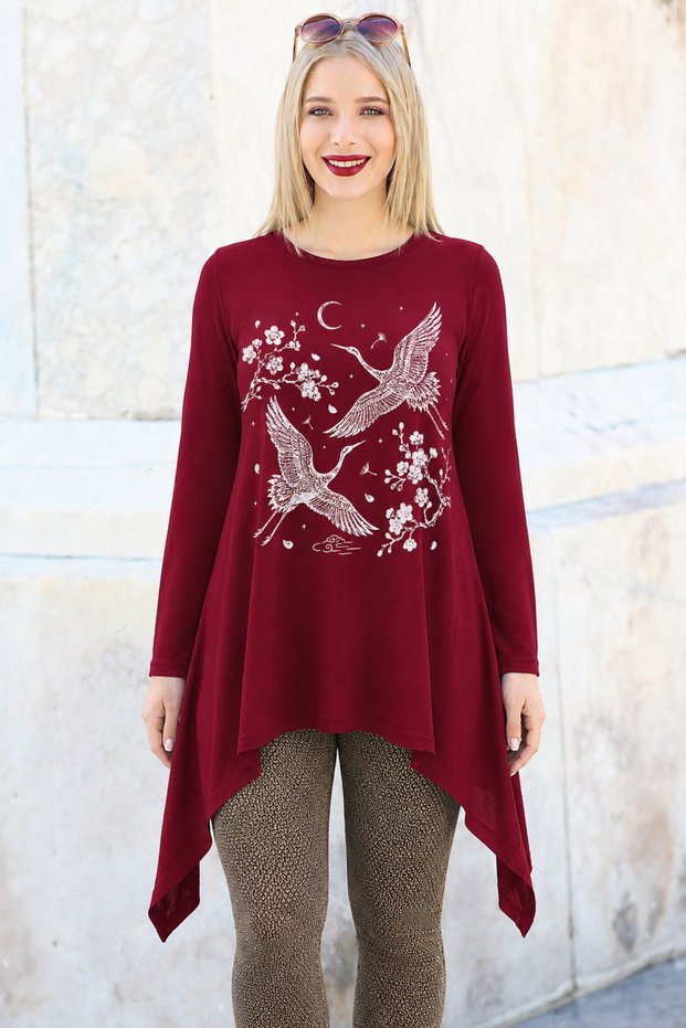Plus Size Crane Printed Skirt, Long Sleeve Tunic, Burgundy