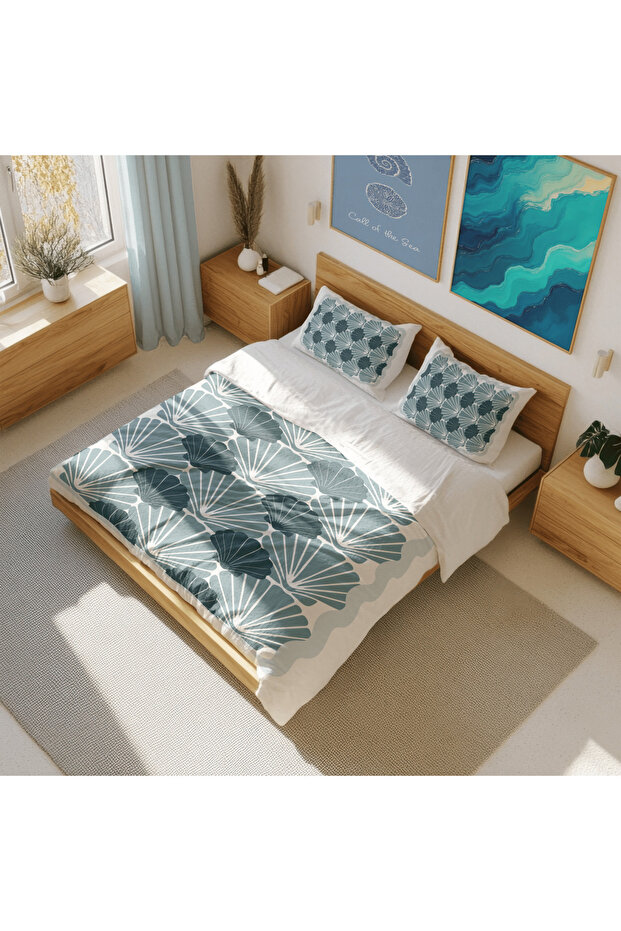 Blue Shell - Sea Shell Patterned Double Hybrid Duvet Cover Set - Without Sheets
