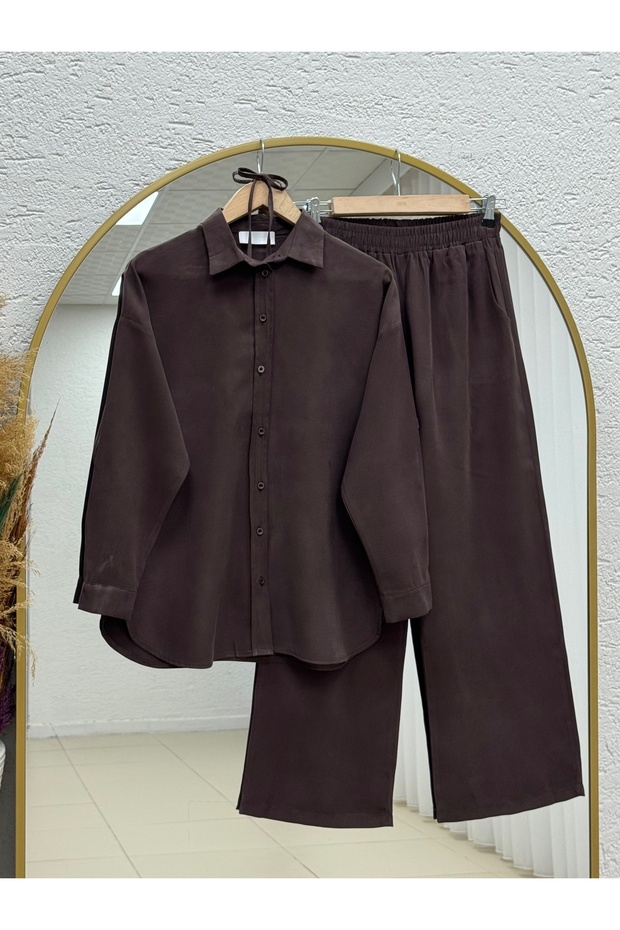 Şahnaz Shirt and Tie-Up Pants Set-Gs376 Brown