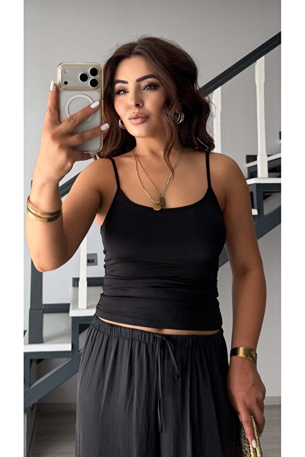 Black Thin Strap Polyamide Undershirt