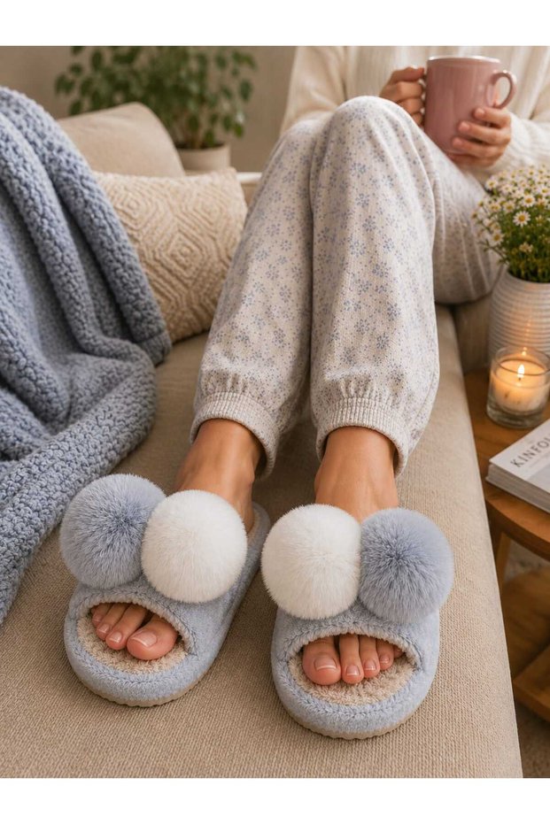 Women's Pompom Detailed, Dual Color, Non-Slip Sole, Plush House Slippers