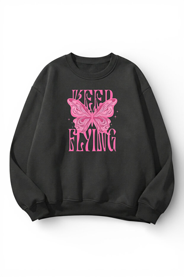 Unisex Soft Textured Keep Flying Printed Design Oversize 3 Thread Crew Neck Sweatshirt