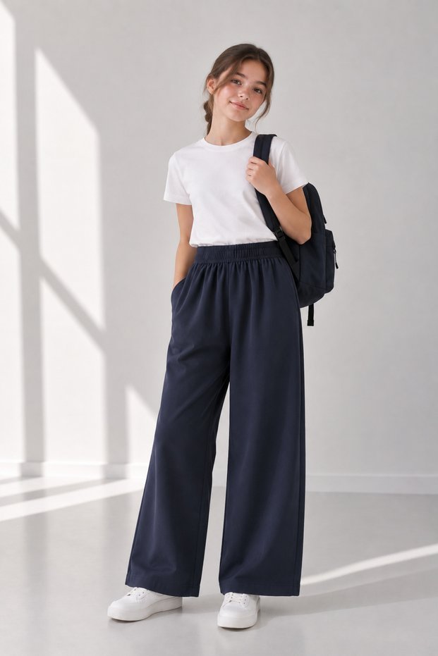 Navy Blue Girls' Sweatpants - Wide Fit