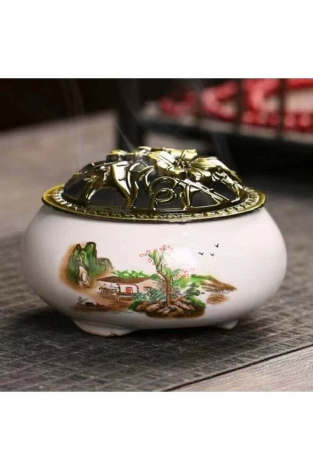 Generic Small 9cm Ceramic Incense Burner Holder with Metal Lid - Decorative Aroma Diffuser for Cone & Coil Incense - Home Decor & Meditation Gift. (White-Boat)