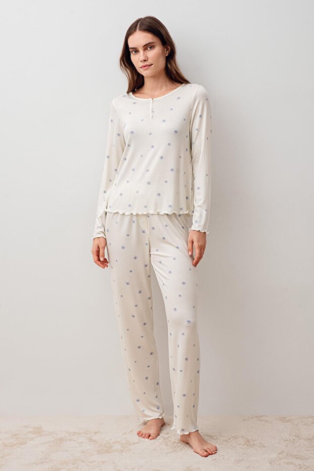 Long Sleeve Buttoned Patterned Lycra Viscose Pajama Set