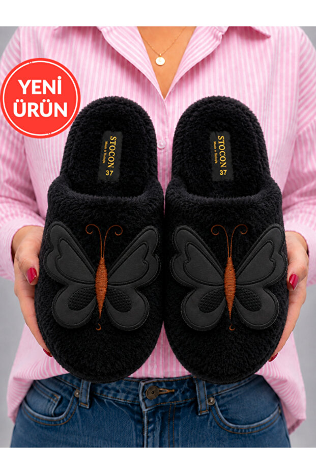 Butterfly Detailed Plush Women's Warm Soft Sole House Slippers Black Dowry Slippers Gift Slippers Stc1337