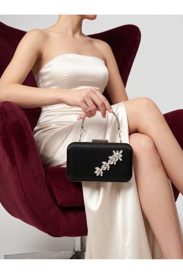 Black Striped Satin Silver Detailed Crystal Stone Chain Strap Women's Evening Dress Bag Wedding Engagement Graduation