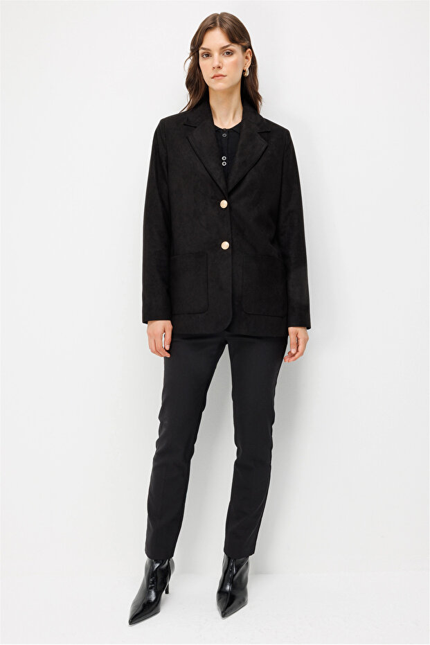 Black Suede Blazer Jacket with Gold Button Detail 4091