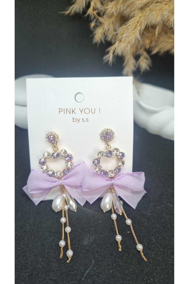 Purple Stone Heart Design Dangle Pearl Earrings with Lilac Ribbon