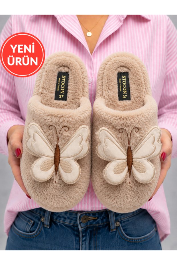 Butterfly Detailed Plush Women's Warm Soft Sole House Slippers Mink Dowry Slippers Gift Slippers Stc1337