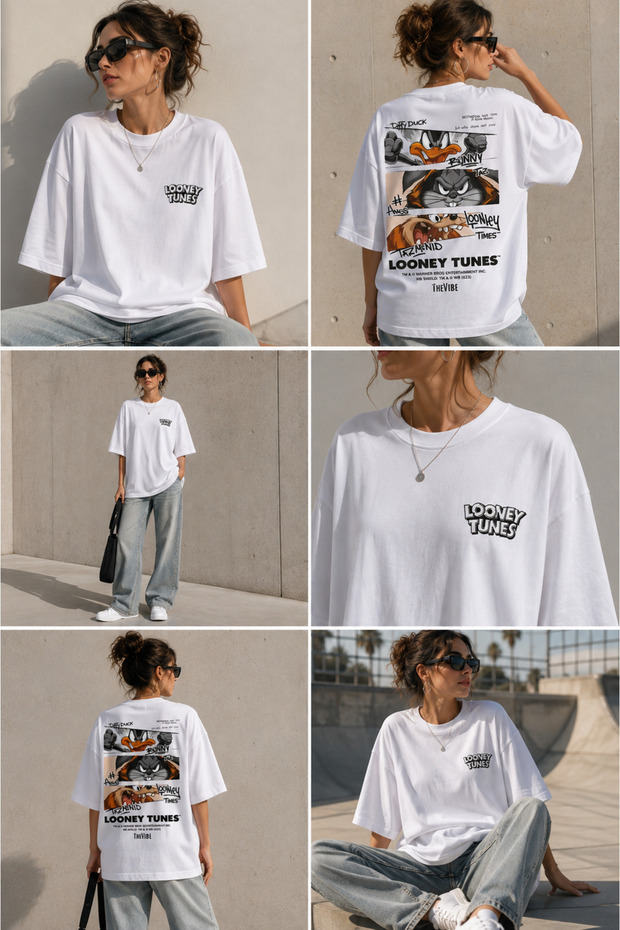 Looney Tunes Printed Oversize White Women's T-Shirt Daffy Bugs Bunny Taz