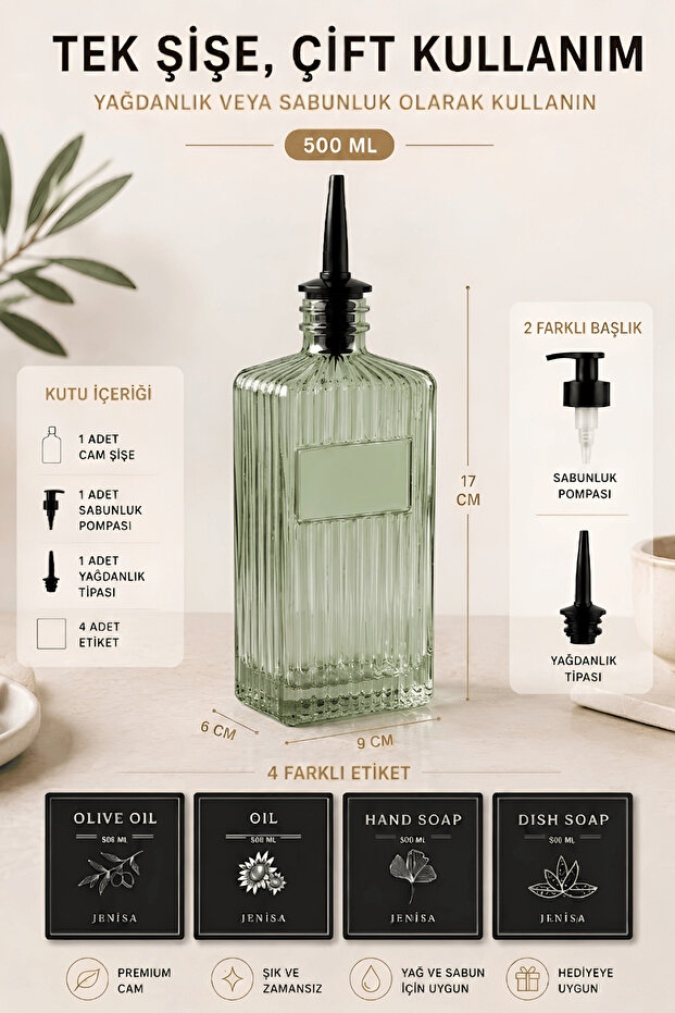 500 ml Glass Oil Dispenser Soap Dispenser Set – Glass Bottle with 2 Different Heads - Green