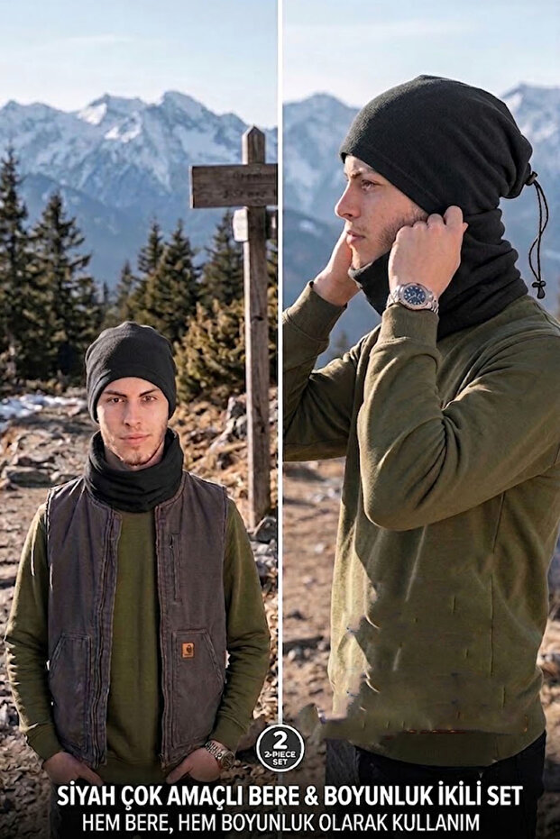 Set of 2 Polar Beanies and Neck Warmers with Drawstring Adjustable Multi-Purpose 2-Piece Winter Neck Warmer Beanie