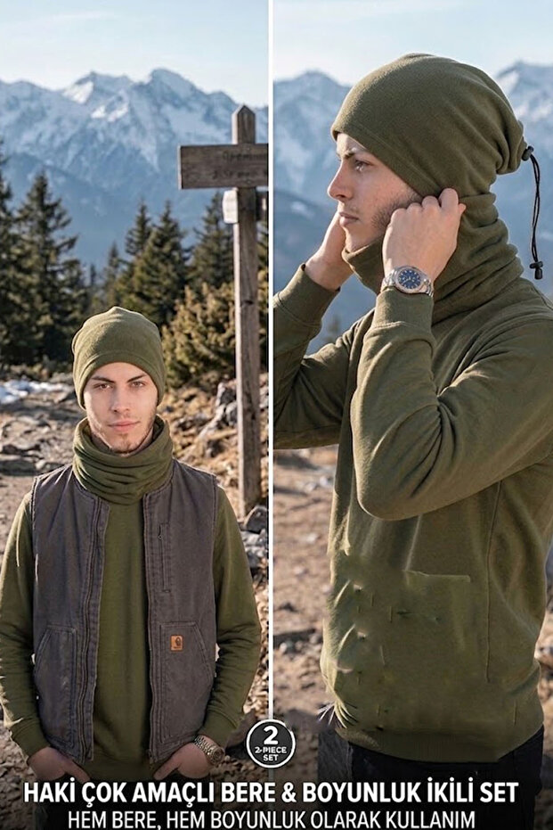 Set of 2 Polar Beanies and Neck Warmers with Drawstring Adjustable Multi-Purpose 2-Piece Winter Neck Warmer Beanie