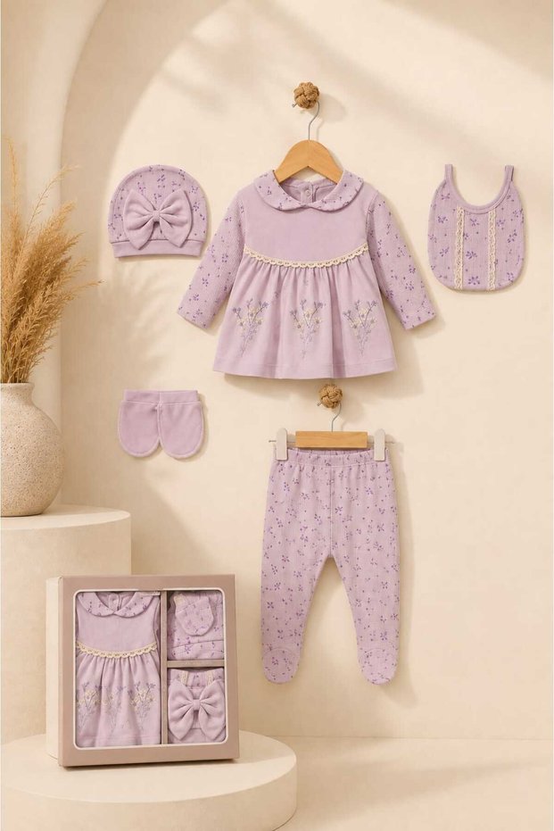 Baby Girl Set of 5 Newborn Hospital Release 100% Cotton Dress with Floral Detail Stylish Gift Set-Boxed