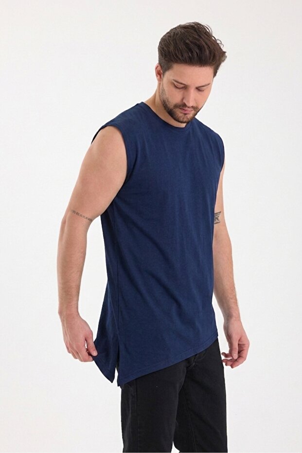 Wide Collar Side Asymmetrical Cut Zero Sleeve T-Shirt
