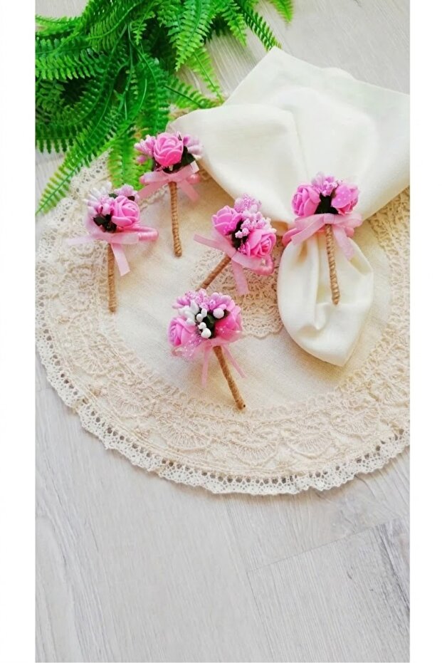 Pink Rose Bunch Polka Dot Ribbon 6-Piece Napkin Ring Ring