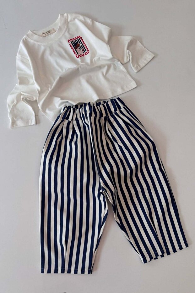 Boy's Dog Printed Sweatshirt and Striped Gabardine Trousers