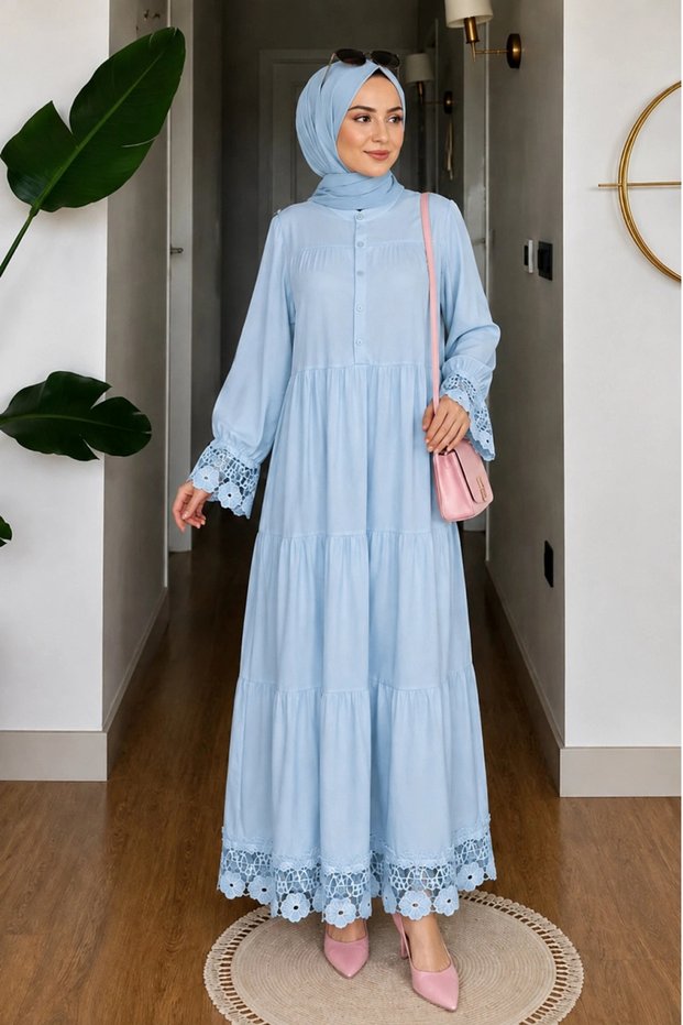 Orchid Dress with Lace Detail on Sleeves and Hem in Blue