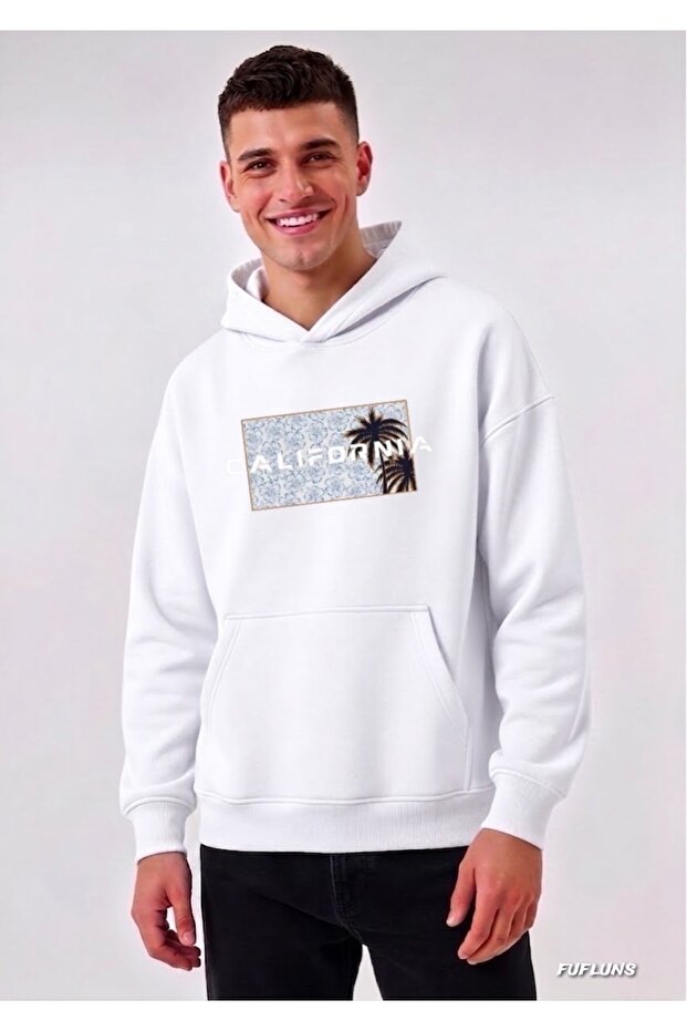 California Desen Palmiye Basic Oversize Men's Hooded Sweatshirt