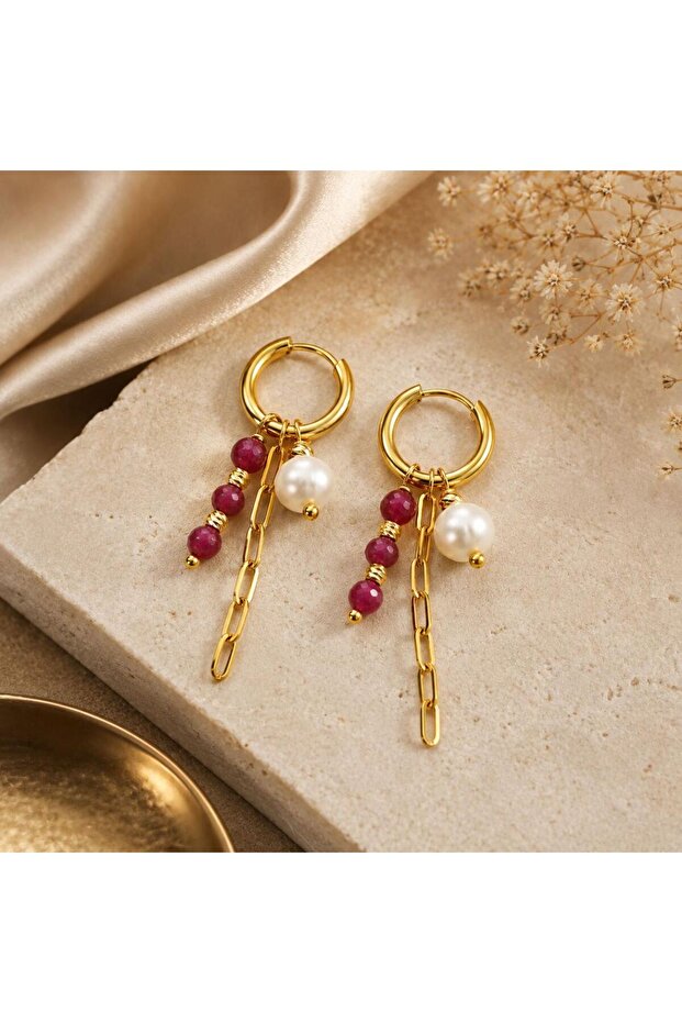 Gold Steel Hoop Earrings with Pearl, Ruby, and Stone Dangle Chain Detail