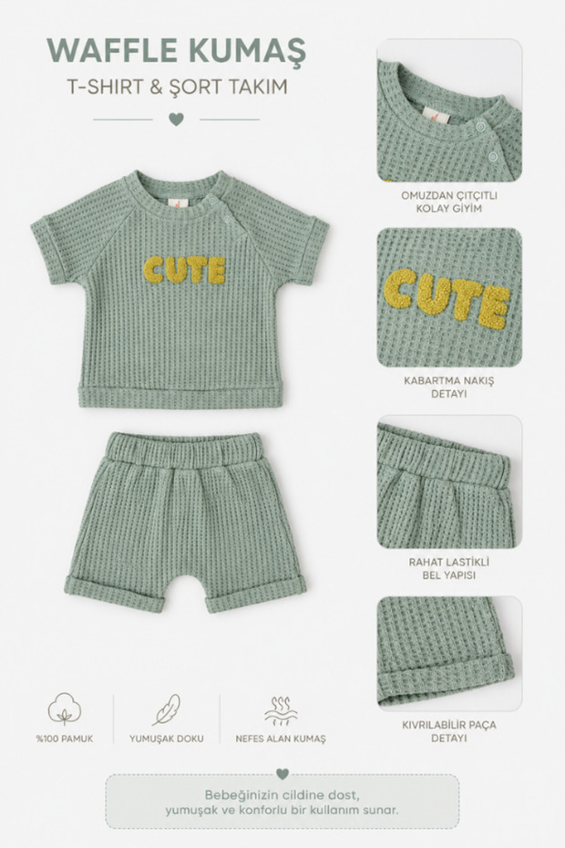 Baby Boy Waffle Fabric Set with Embroidery, 2-Piece Set, Mint Green