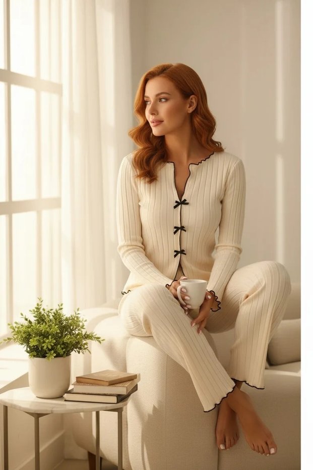 Women's Ecru Corded Fabric Stylish Pajama Set – Comfortable Home Wear Set with Bow Detail