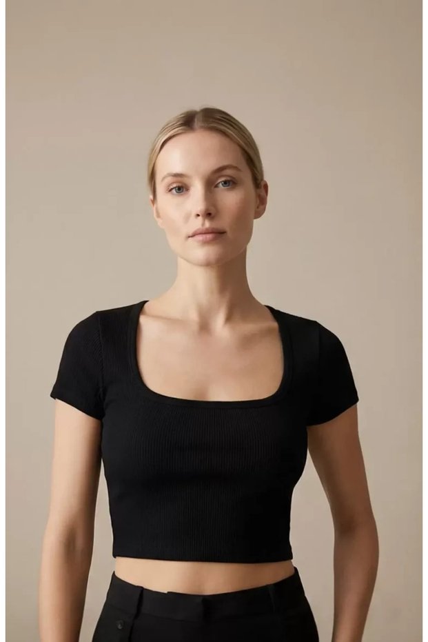 Women's Black Half Sleeve Plain Collar Crop Top Blouse – Stylish, Comfortable and Easy to Match