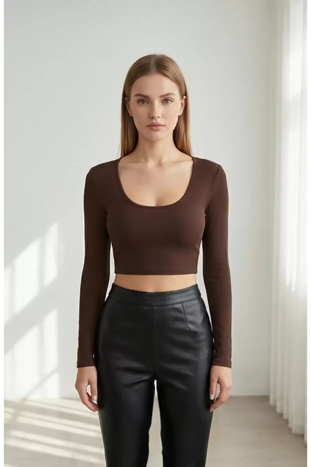 Women's Brown Long Sleeve Square Neck Crop Top Blouse – Stylish, Comfortable, and Easy to Match