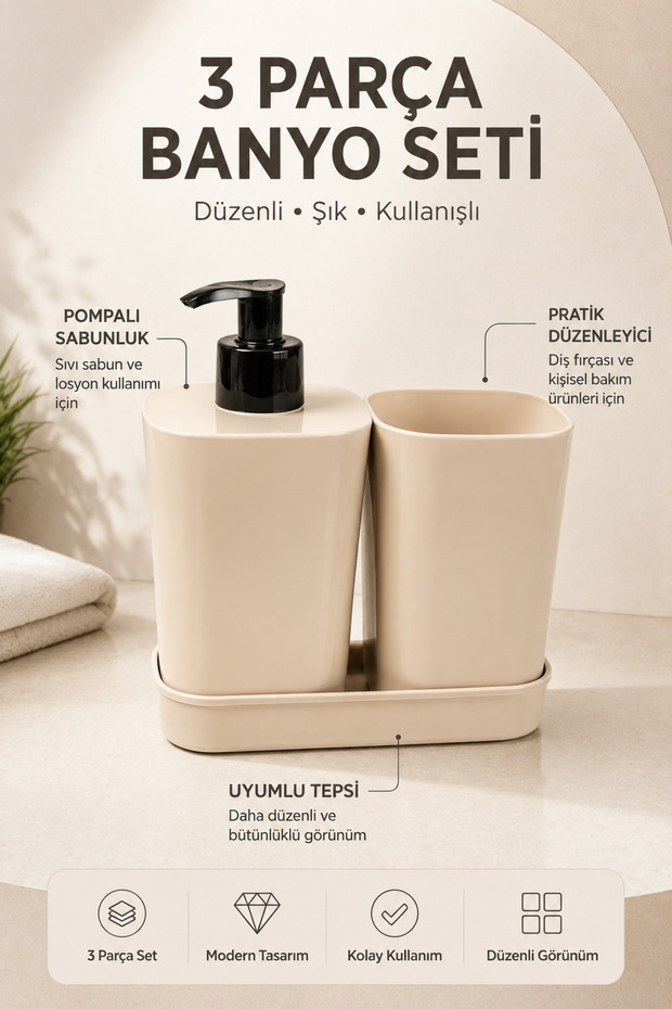 3-Piece Bathroom Accessory Set – Liquid Soap Dispenser, Toothbrush Holder and Sink Organizer with Tray – Cream
