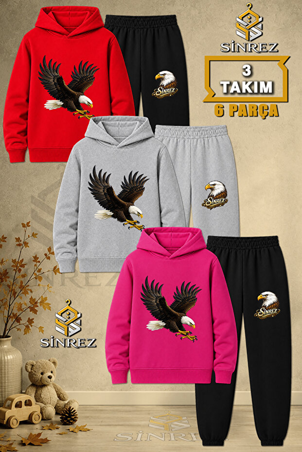 Children's Unisex 3Lu Eagle Colorful Attack Printed Hooded Tracksuit Set
