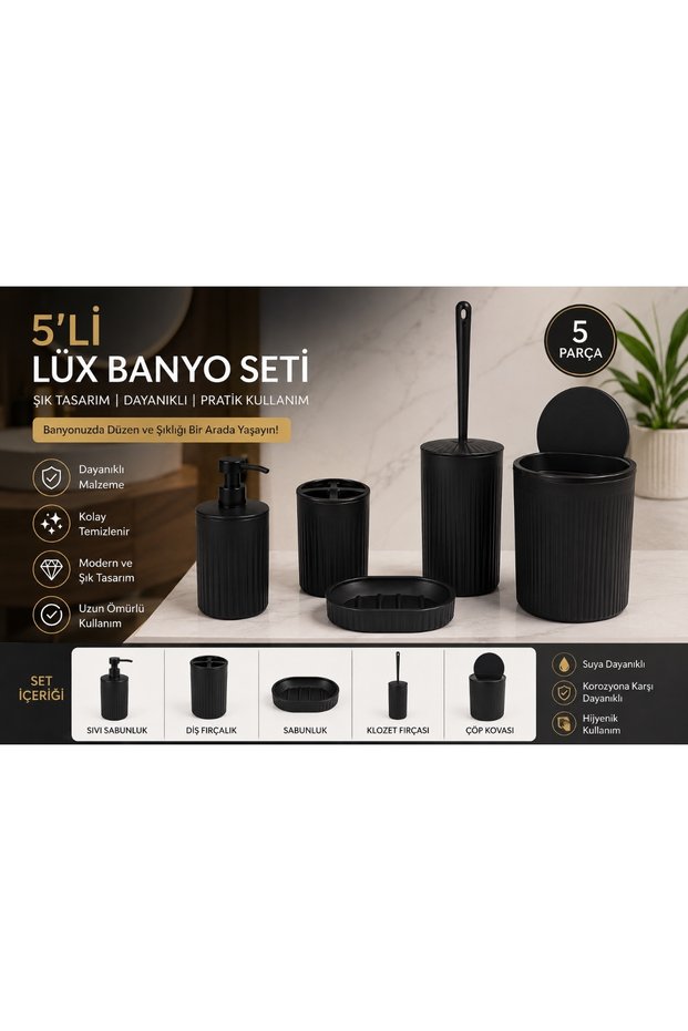 5-Piece Luxury Bathroom Set Black – Liquid Soap Dispenser, Toothbrush Holder, Soap Dish, Toilet Brush and Trash Can