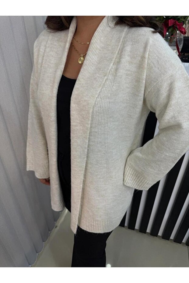 Women's Ecru Shawl Collar Knitwear Cardigan | Oversize & Comfortable Model