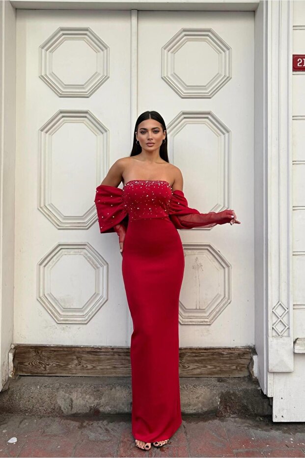 Stretchy Tulle Fabric Strapless Evening Dress