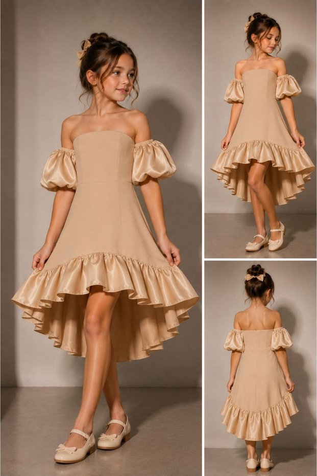 Girl's Evening Dress Balloon Sleeves Ruffled Satin Detailed Special Occasion Birthday Dress