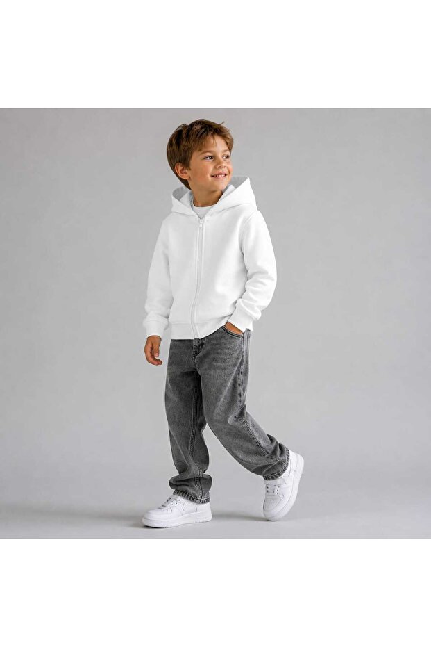 Children's Unisex Hooded Zippered White Cardigan