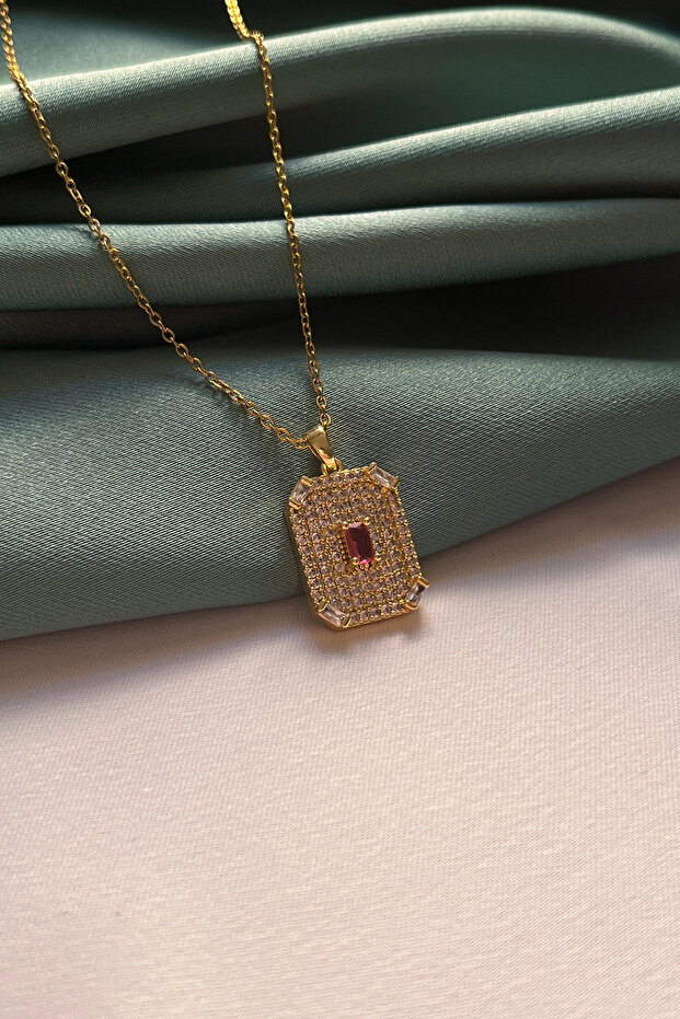 Red Stone Baguette Detailed Rectangular Necklace