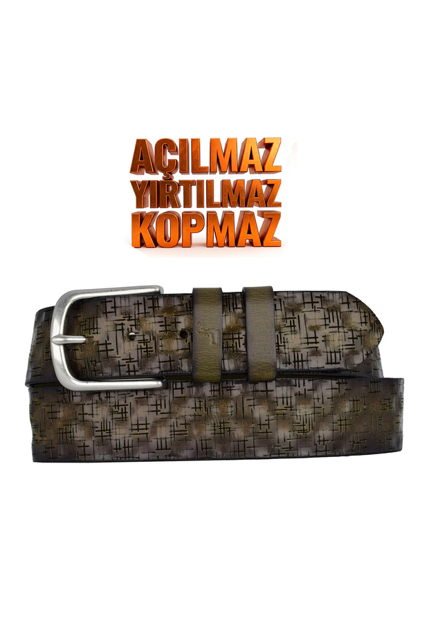 100% Genuine Leather, 4.2 cm Olive Green Patterned Non-Foldable Denim Belt, Linen Belt 4Cm-Apo